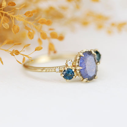 Oval Labradorite and london blue topaz engagement Ring| R 376 LAB LBT