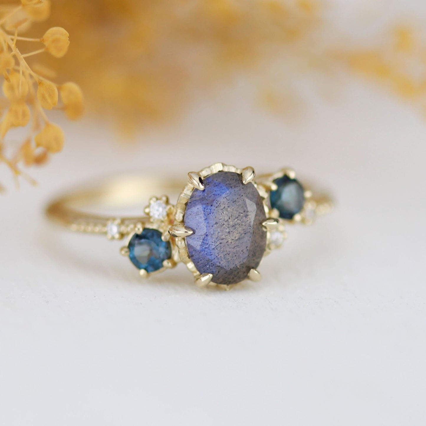 Oval Labradorite and london blue topaz engagement Ring| R 376 LAB LBT