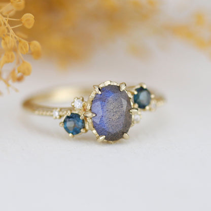 Oval Labradorite and london blue topaz engagement Ring| R 376 LAB LBT