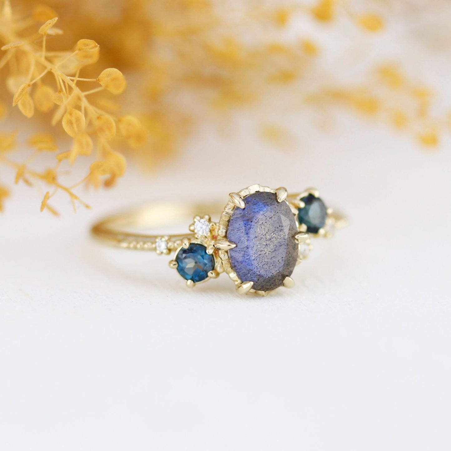 Oval Labradorite and london blue topaz engagement Ring| R 376 LAB LBT