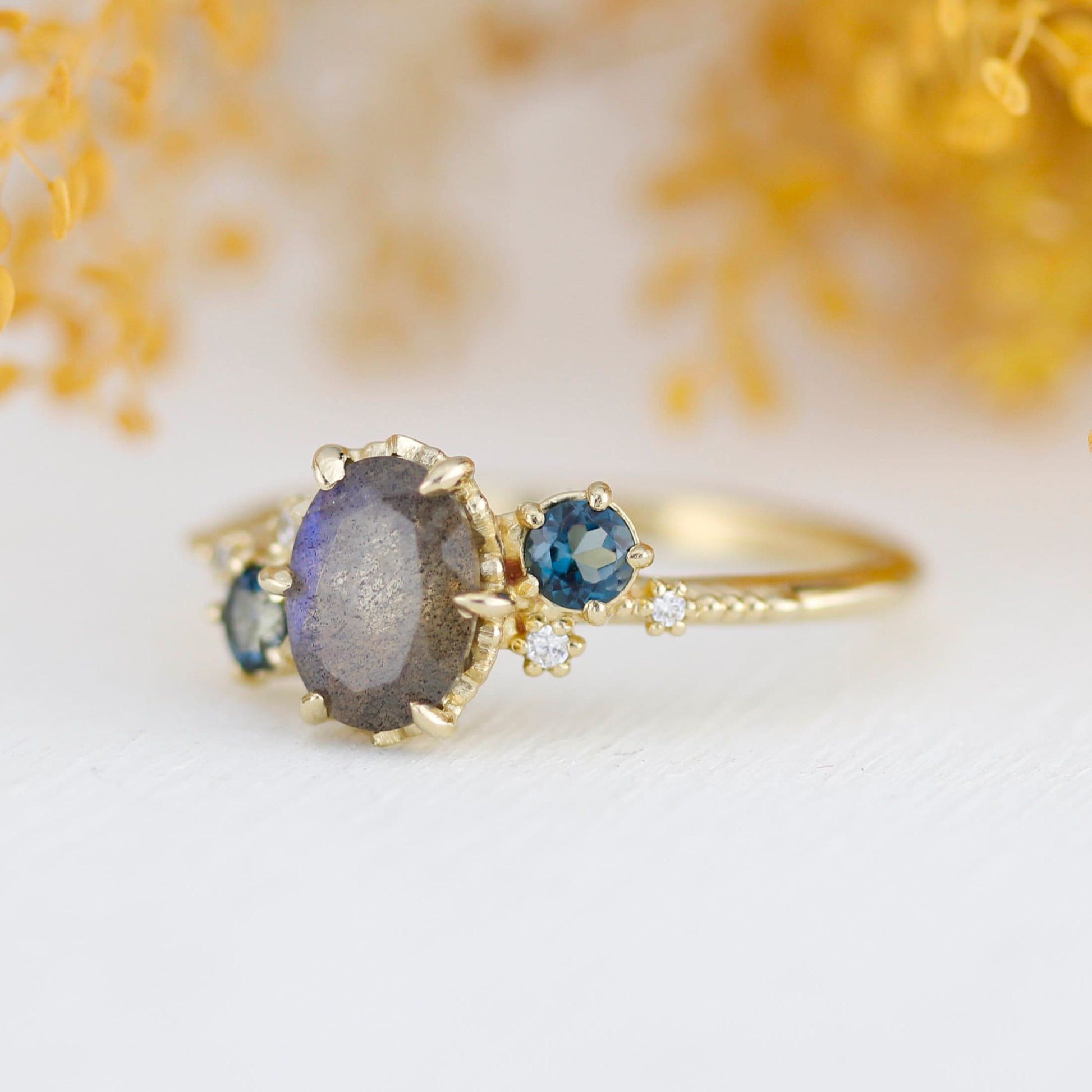 Oval Labradorite and london blue topaz engagement Ring| R 376 LAB LBT