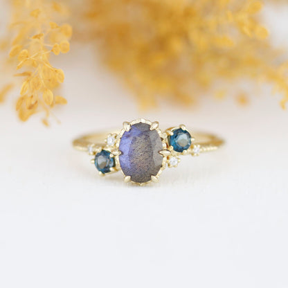 Oval Labradorite and london blue topaz engagement Ring| R 376 LAB LBT
