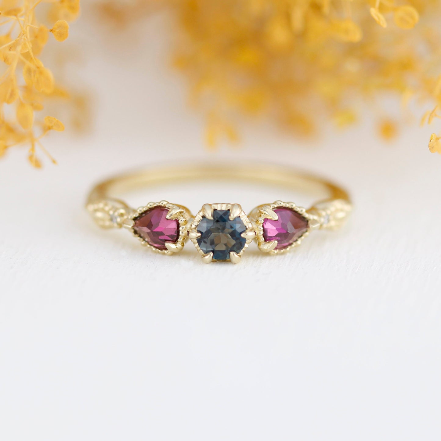 18k gold engagement ring, natural london blue topaz, garnet pear ring, vintage ring women, simple ring diamond, |R 374 LBT RHO