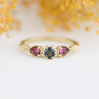 18k gold engagement ring, natural london blue topaz, garnet pear ring, vintage ring women, simple ring diamond, |R 374 LBT RHO