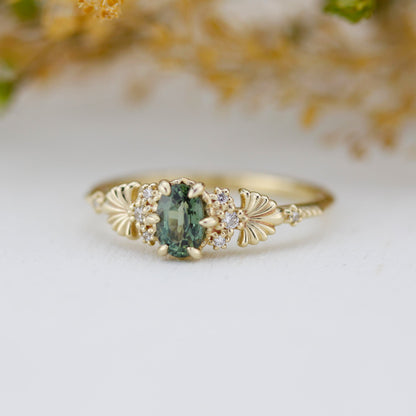 Green sapphire engagement ring, sapphire and diamond ring, oval engagement ring, september birthstone | R 379GS
