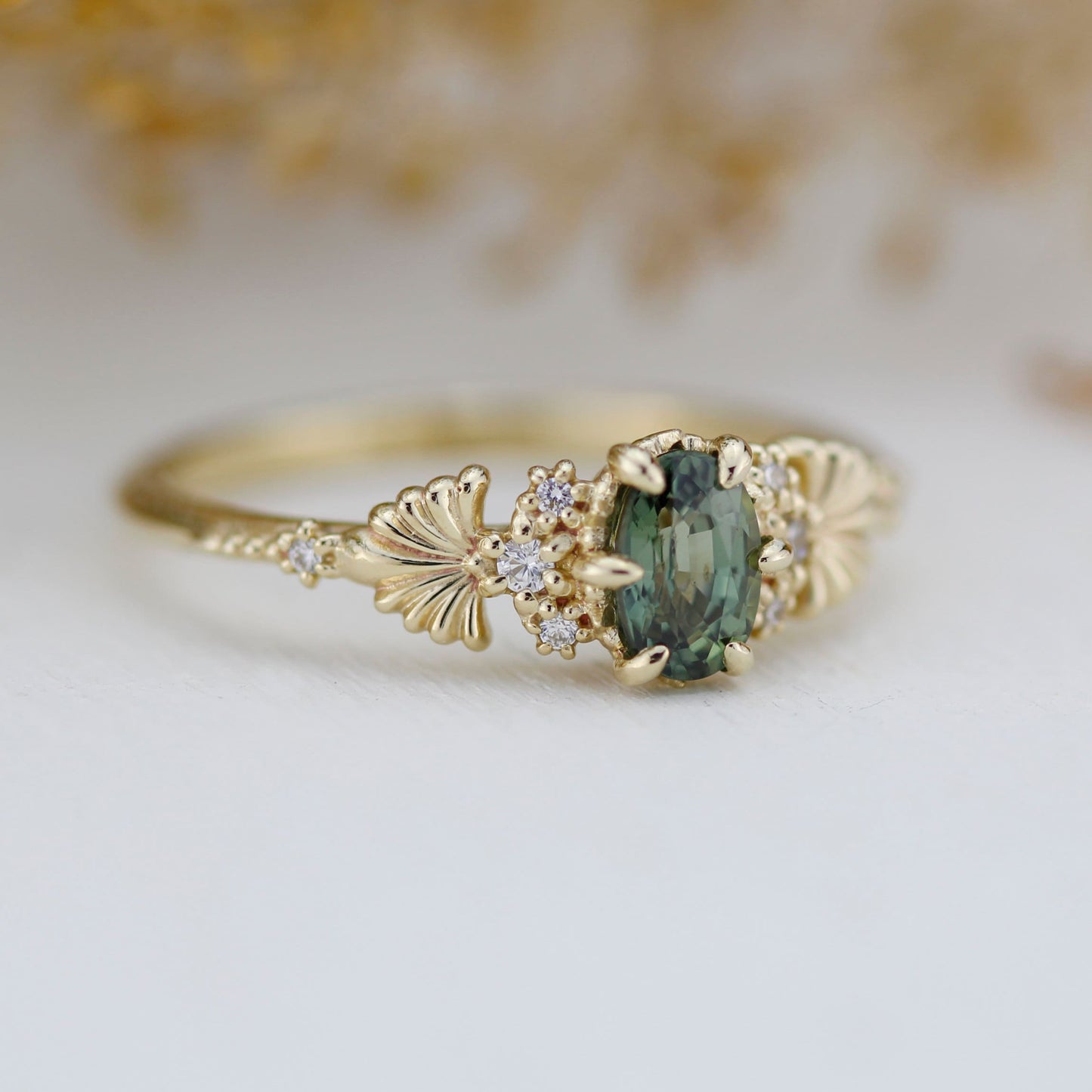 Green sapphire engagement ring, sapphire and diamond ring, oval engagement ring, september birthstone | R 379GS