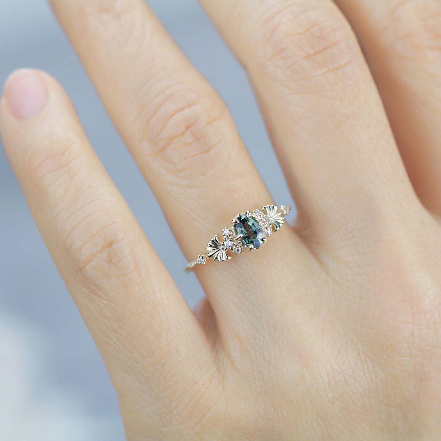 Green sapphire engagement ring, sapphire and diamond ring, oval engagement ring, september birthstone | R 379GS