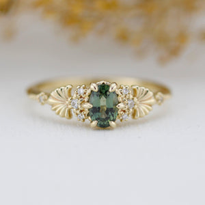 Green sapphire engagement ring, sapphire and diamond ring, oval engagement ring, september birthstone | R 379GS