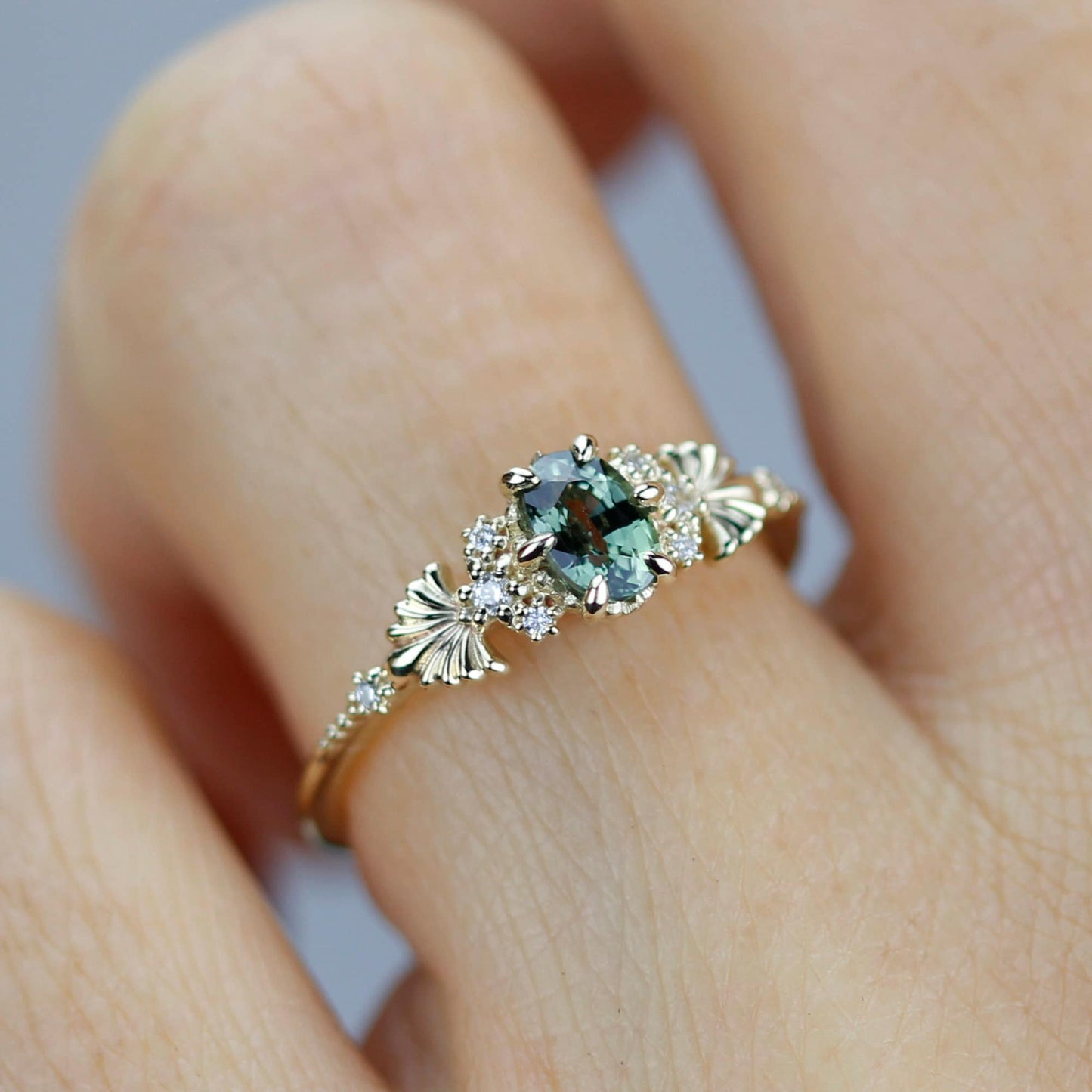 Green sapphire engagement ring, sapphire and diamond ring, oval engagement ring, september birthstone | R 379GS