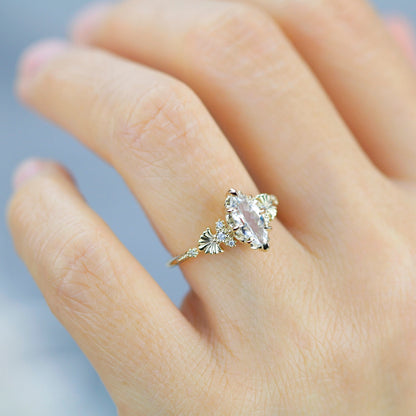 18k gold marquise engagement ring, marquise ring, simple ring, leaf ring, gift for her | R 380WT