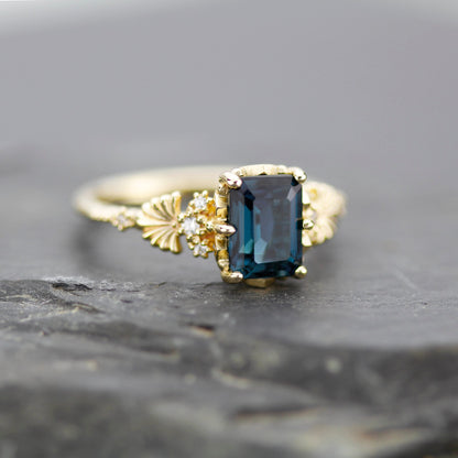 Emerald cut engagement ring, London blue topaz ring, leaf ring, nature inspired ring, delicate ring, diamond ring |R 381 LBT