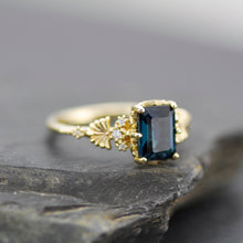 Load image into Gallery viewer, Emerald cut engagement ring, London blue topaz ring, leaf ring, nature inspired ring, delicate ring, diamond ring |R 381 LBT