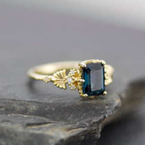 Emerald cut engagement ring, London blue topaz ring, leaf ring, nature inspired ring, delicate ring, diamond ring |R 381 LBT