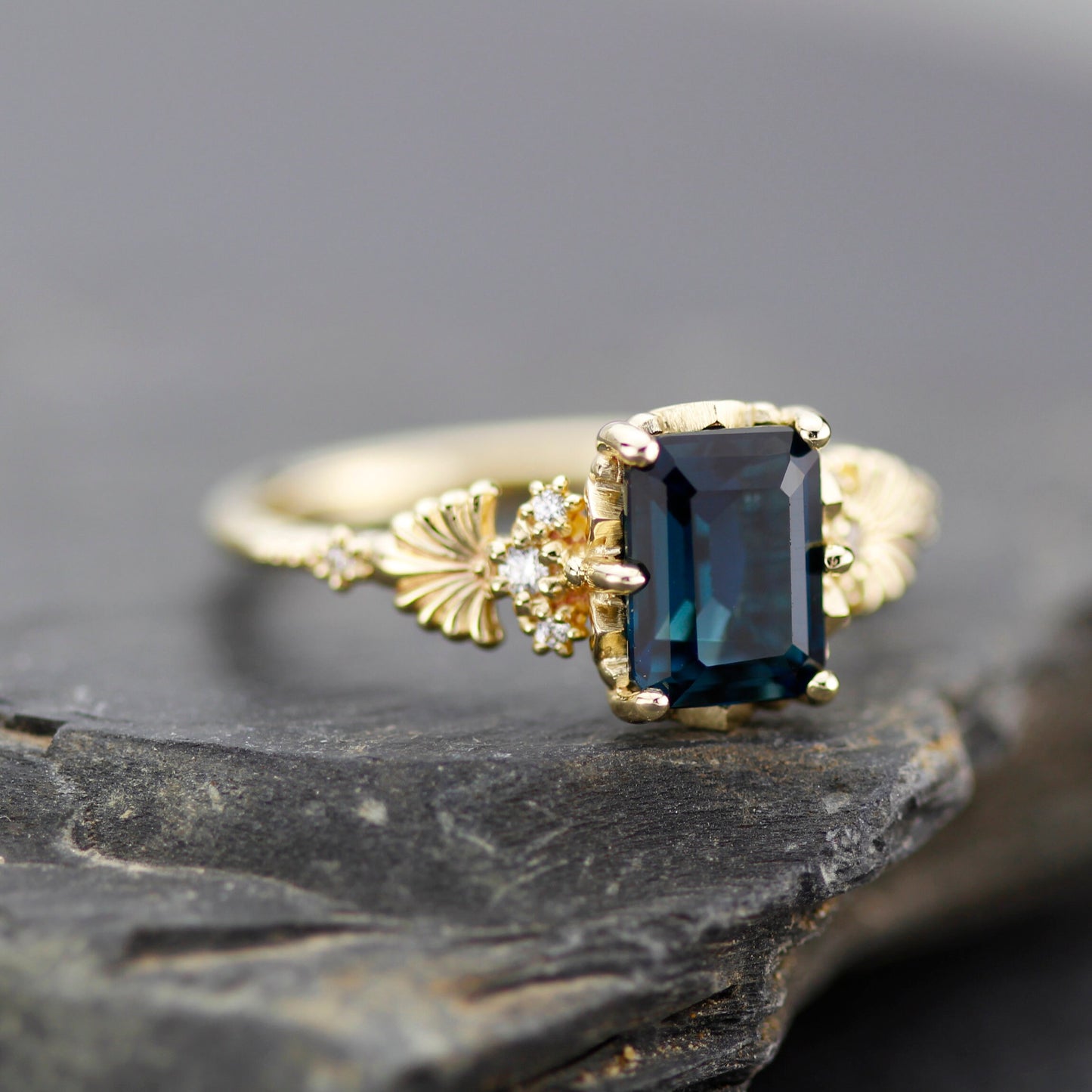 Emerald cut engagement ring, London blue topaz ring, leaf ring, nature inspired ring, delicate ring, diamond ring |R 381 LBT