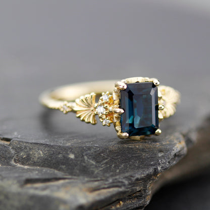 Emerald cut engagement ring, London blue topaz ring, leaf ring, nature inspired ring, delicate ring, diamond ring |R 381 LBT