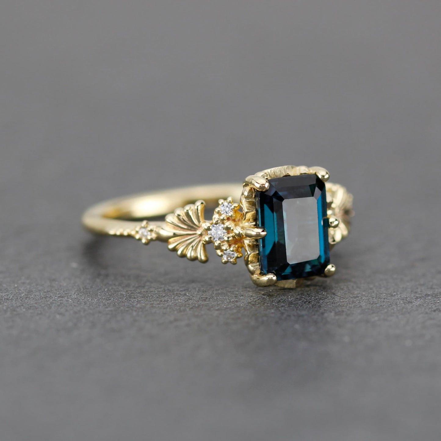 Emerald cut engagement ring, London blue topaz ring, leaf ring, nature inspired ring, delicate ring, diamond ring |R 381 LBT