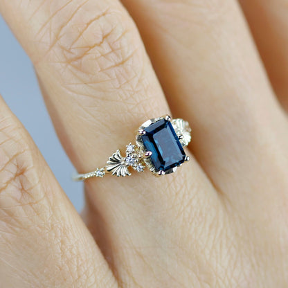 Emerald cut engagement ring, London blue topaz ring, leaf ring, nature inspired ring, delicate ring, diamond ring |R 381 LBT
