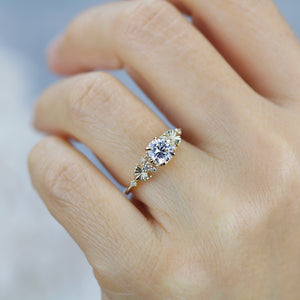 Moissanite and diamond engagement ring, round moissanite ring, nature inspired engagement ring | R 382 MOISSANITE
