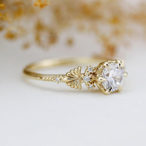 Moissanite and diamond engagement ring, round moissanite ring, nature inspired engagement ring | R 382 MOISSANITE