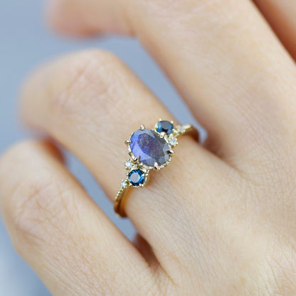 Oval Labradorite and london blue topaz engagement Ring| R 376 LAB LBT