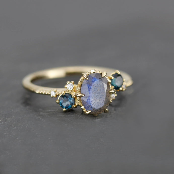 Oval Labradorite and london blue topaz engagement Ring| R 376 LAB LBT