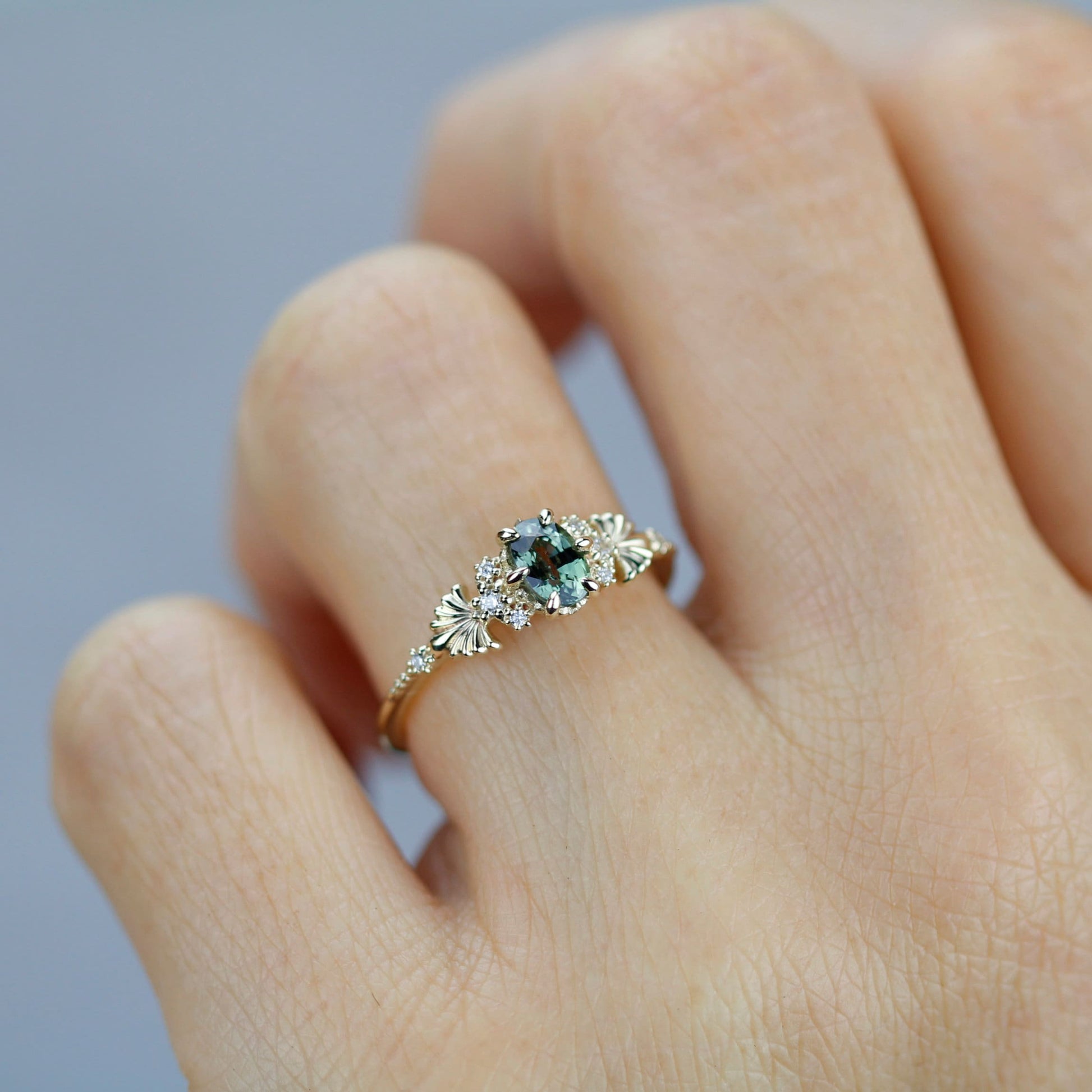 Green sapphire engagement ring, sapphire and diamond ring, oval engagement ring, september birthstone | R 379GS