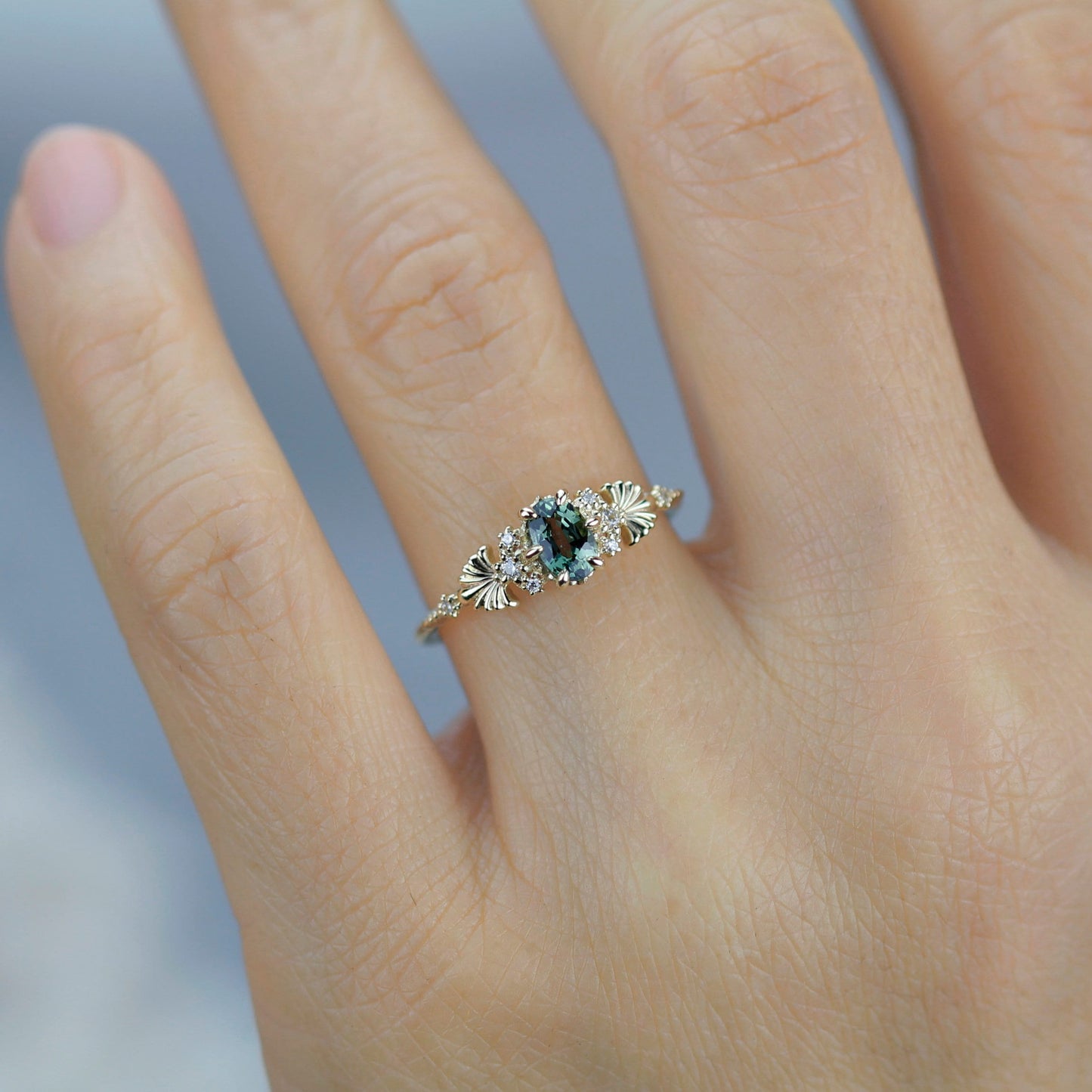 Green sapphire engagement ring, sapphire and diamond ring, oval engagement ring, september birthstone | R 379GS