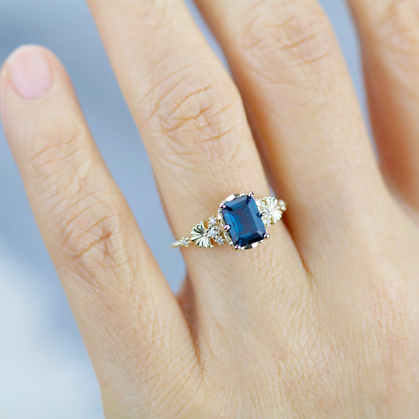 Emerald cut engagement ring, London blue topaz ring, leaf ring, nature inspired ring, delicate ring, diamond ring |R 381 LBT
