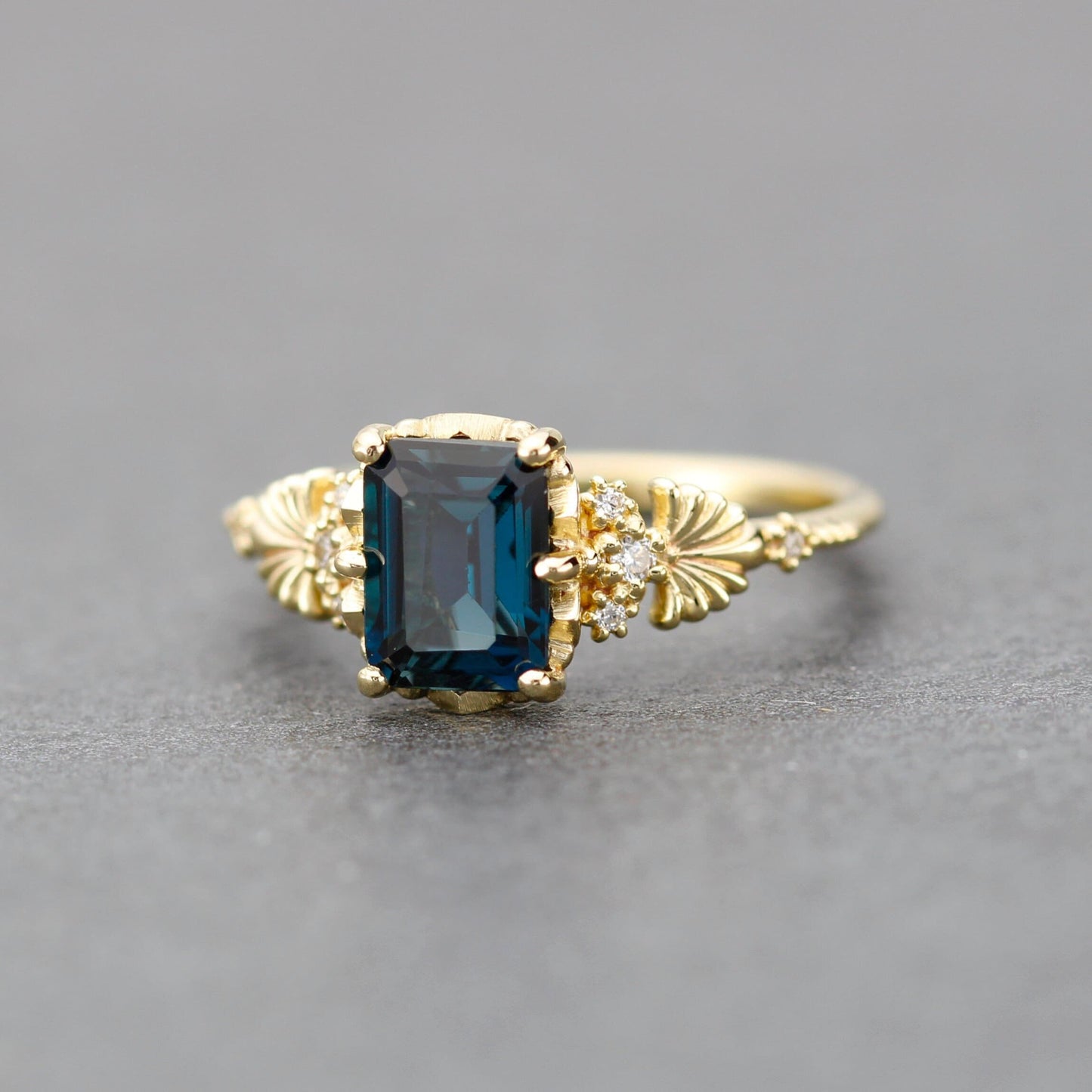 Emerald cut engagement ring, London blue topaz ring, leaf ring, nature inspired ring, delicate ring, diamond ring |R 381 LBT