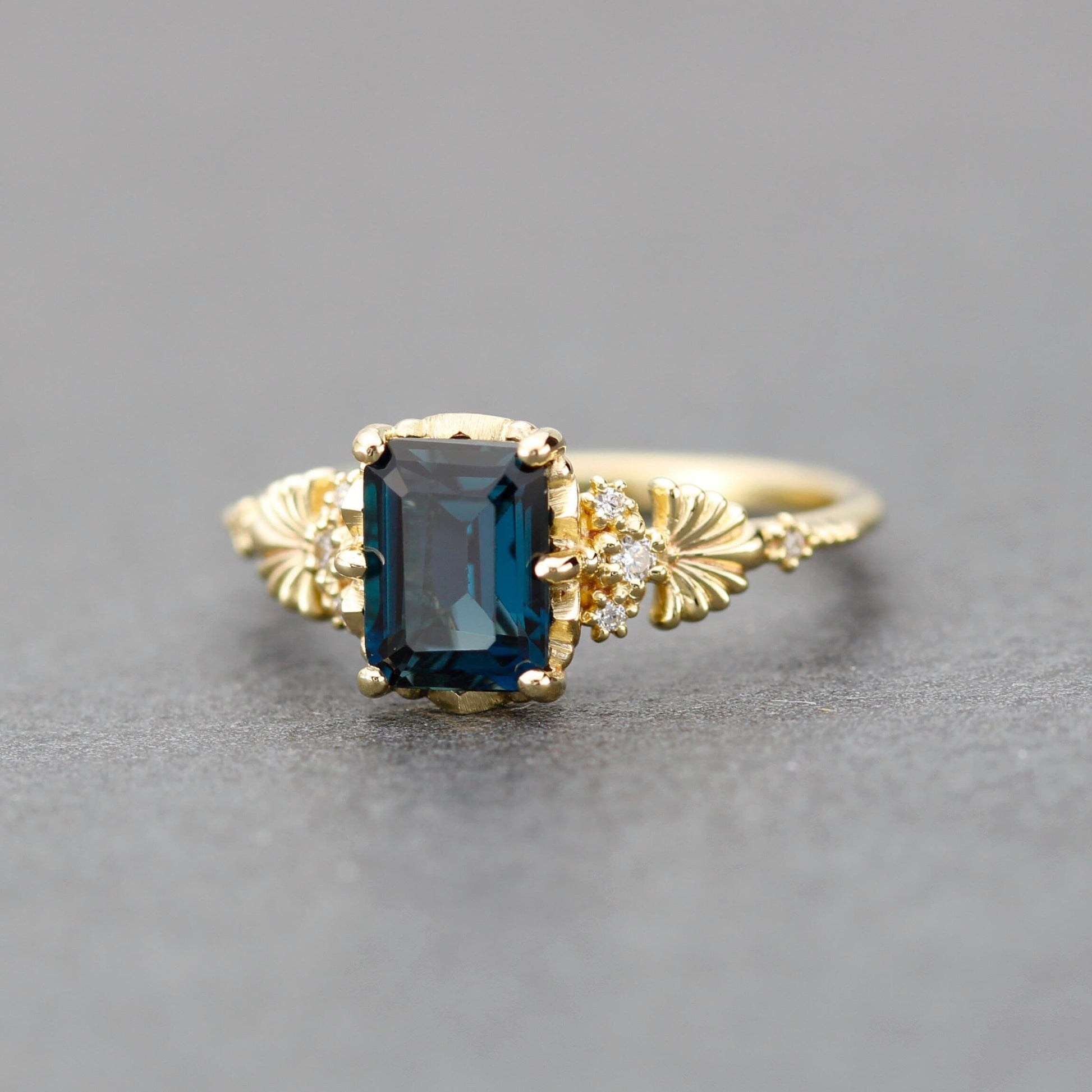 Emerald cut engagement ring, London blue topaz ring, leaf ring, nature inspired ring, delicate ring, diamond ring |R 381 LBT