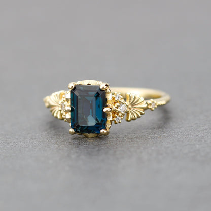 Emerald cut engagement ring, London blue topaz ring, leaf ring, nature inspired ring, delicate ring, diamond ring |R 381 LBT