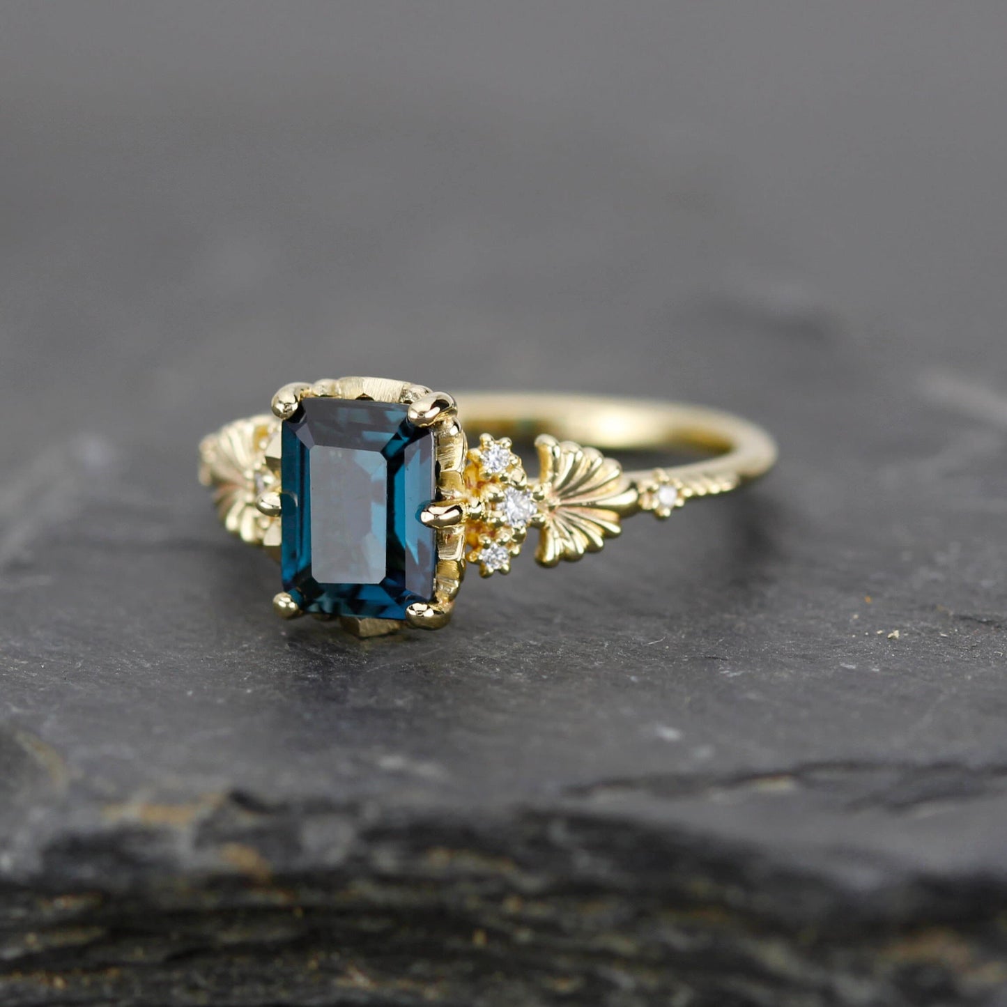 Emerald cut engagement ring, London blue topaz ring, leaf ring, nature inspired ring, delicate ring, diamond ring |R 381 LBT