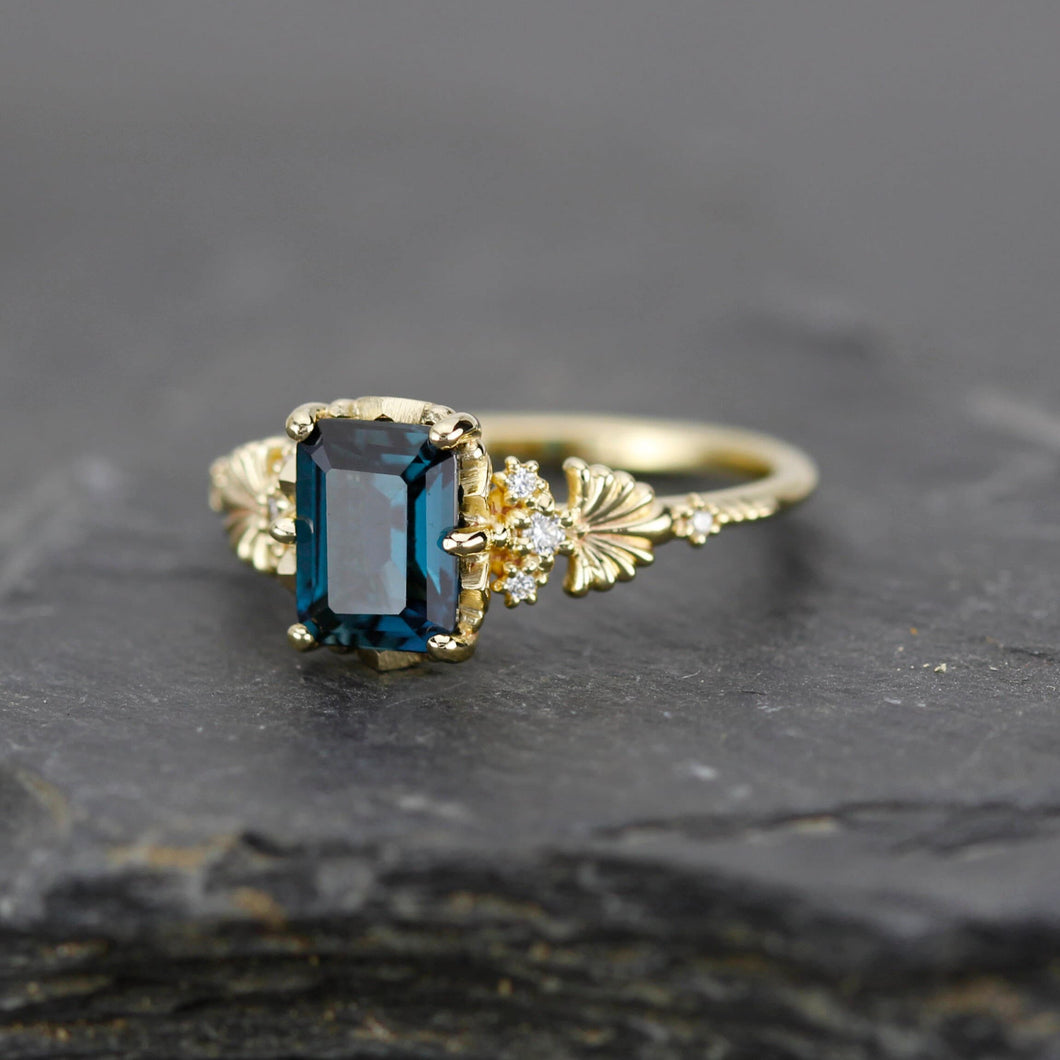Emerald cut engagement ring, London blue topaz ring, leaf ring, nature inspired ring, delicate ring, diamond ring |R 381 LBT
