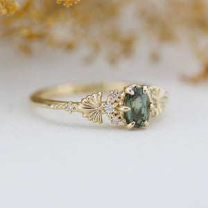Green sapphire engagement ring, sapphire and diamond ring, oval engagement ring, september birthstone | R 379GS