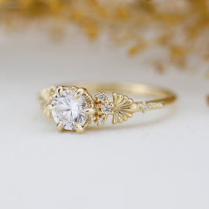 Moissanite and diamond engagement ring, round moissanite ring, nature inspired engagement ring | R 382 MOISSANITE